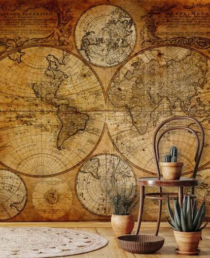 brunt tilpasset vintage verdenskart tapet veggmaleri kalt Old Globe Map 1746 for kontorer