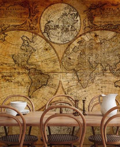 bruine op maat gemaakte vintage wereldkaart behangmuurschildering genaamd Old Globe Map 1746 voor kantoren