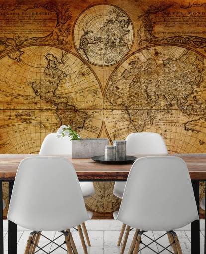 mural marrón personalizado de mapa del mundo vintage llamado Old Globe Map 1746 para oficinas