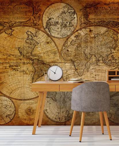 ruskea mukautettu vintage-maailmankartan taustakuvamaalaus nimeltä Old Globe Map 1746 toimistoihin
