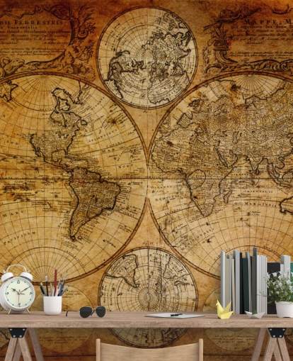 bruine op maat gemaakte vintage wereldkaart behangmuurschildering genaamd Old Globe Map 1746 voor kantoren bruine op maat gemaakte vintage wereldkaart behangmuurschildering genaamd Old Globe Map 1746 voor kantoren