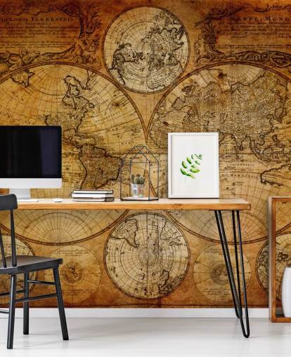 brown custom vintage world map wallpaper mural called Old Globe Map 1746 for offices