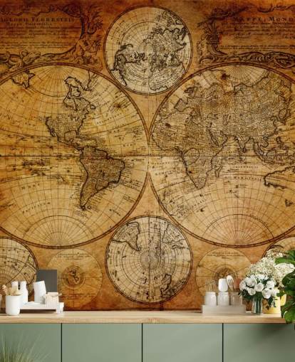brown custom vintage world map wallpaper mural called Old Globe Map 1746 for offices brown custom vintage world map wallpaper mural called Old Globe Map 1746 for offices