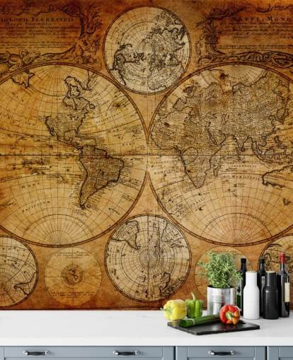mural marrón personalizado de mapa del mundo vintage llamado Old Globe Map 1746 para oficinas
