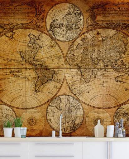 brun anpassad vintage världskarta tapeter väggmålning kallad Old Globe Map 1746 för kontor