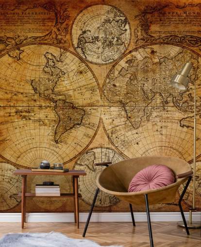 Braune benutzerdefinierte Vintage-Weltkarten-Tapete namens Old Globe Map 1746 für Büros Braune benutzerdefinierte Vintage-Weltkarten-Tapete namens Old Globe Map 1746 für Büros