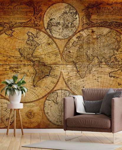 mural de papel de parede marrom personalizado de mapa mundial vintage chamado Old Globe Map 1746 para escritórios