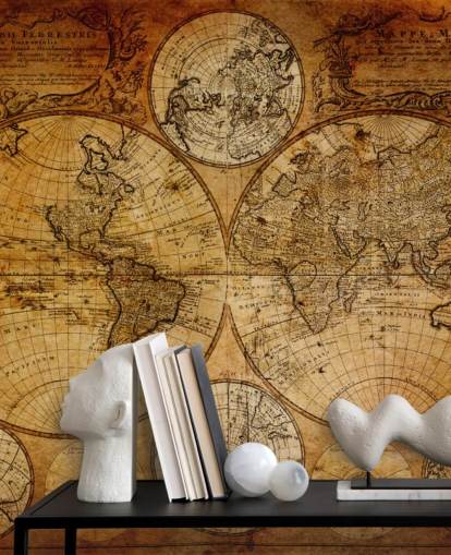 Braune benutzerdefinierte Vintage-Weltkarten-Tapete namens Old Globe Map 1746 für Büros