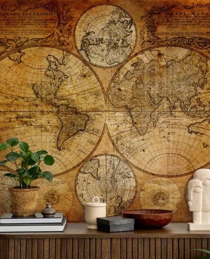 brown custom vintage world map wallpaper mural called Old Globe Map 1746 for offices