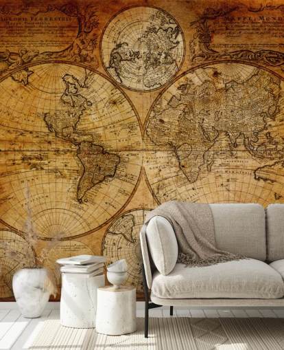 brown custom vintage world map wallpaper mural called Old Globe Map 1746 for offices