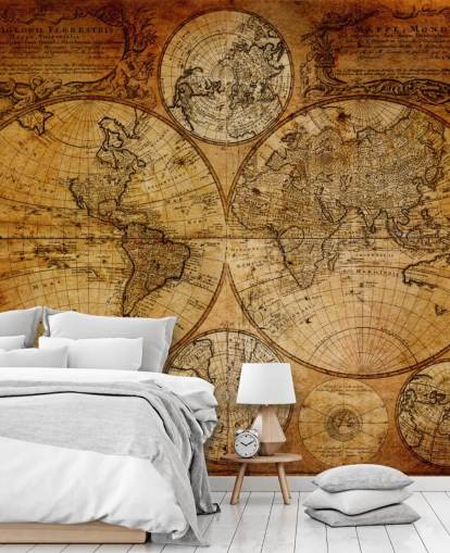 Braune benutzerdefinierte Vintage-Weltkarten-Tapete namens Old Globe Map 1746 für Büros Braune benutzerdefinierte Vintage-Weltkarten-Tapete namens Old Globe Map 1746 für Büros