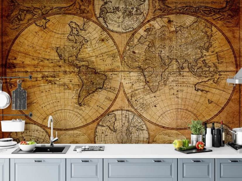brown custom vintage world map wallpaper mural called Old Globe Map 1746 for offices