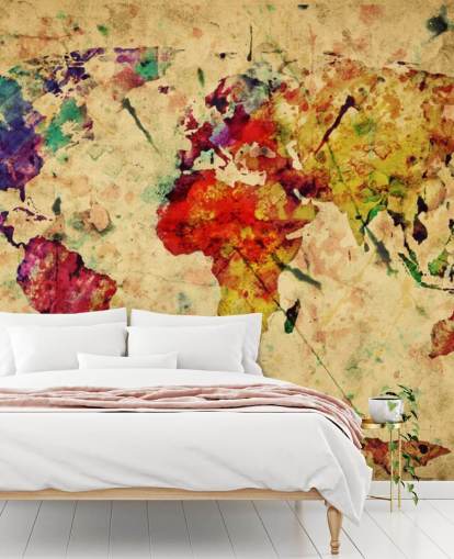 farbenfrohe, anpassbare Landkarten-Tapete namens Colourful Vintage Map für Heimbüros, Esszimmer und Kinderzimmer farbenfrohe, anpassbare Landkarten-Tapete namens Colourful Vintage Map für Heimbüros, Esszimmer und Kinderzimmer