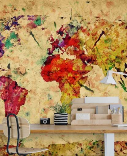 colorido mural de papel pintado con un mapa personalizable llamado Colourful Vintage Map para oficinas en casa, comedores y dormitorios de niños