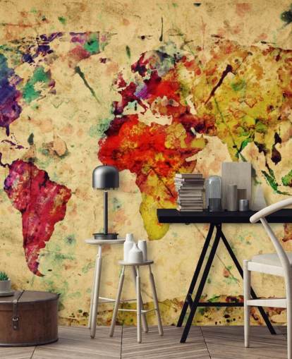 värikäs muokattava karttataustakuva seinämaalaus nimeltä Colourful Vintage Map kotitoimistoihin, ruokasaleihin ja lasten makuuhuoneisiin