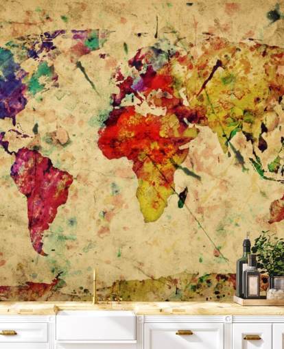 colorido mural de papel pintado con un mapa personalizable llamado Colourful Vintage Map para oficinas en casa, comedores y dormitorios de niños