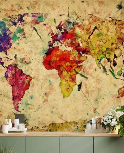 colourful customisable map wallpaper mural called Colourful Vintage Map for home offices, dining rooms and kid's bedrooms