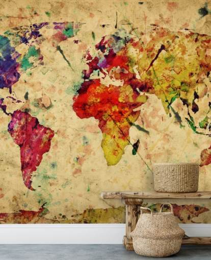 colorful customizable map wallpaper mural called Colorful Vintage Map for home offices, dining rooms and kid's bedrooms