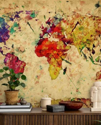 kleurrijke aanpasbare kaartbehangmuurschildering genaamd Colourful Vintage Map voor thuiskantoren, eetkamers en kinderkamers kleurrijke aanpasbare kaartbehangmuurschildering genaamd Colourful Vintage Map voor thuiskantoren, eetkamers en kinderkamers