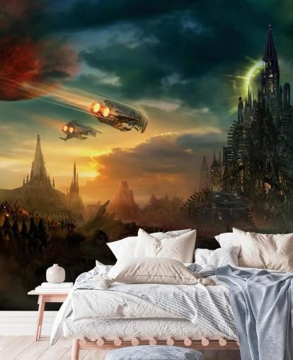 Fantasy Castle with Spaceships Wallpaper Fantasy Castle with Spaceships Wallpaper