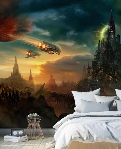 Fantasy-Schloss mit Raumschiffen Wallpaper