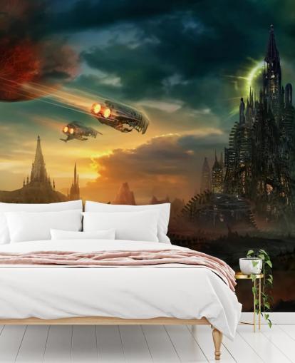 Fantasy-Schloss mit Raumschiffen Wallpaper