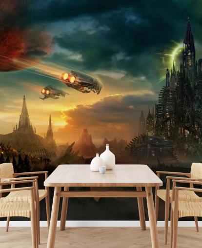 Fantasy Castle with Spaceships Wallpaper