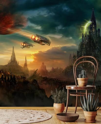 Fantasy slott med rymdskepp Bakgrund Fantasy slott med rymdskepp Bakgrund