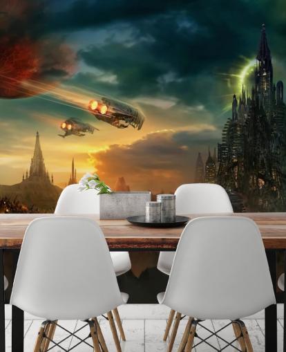 Fantasy-Schloss mit Raumschiffen Wallpaper