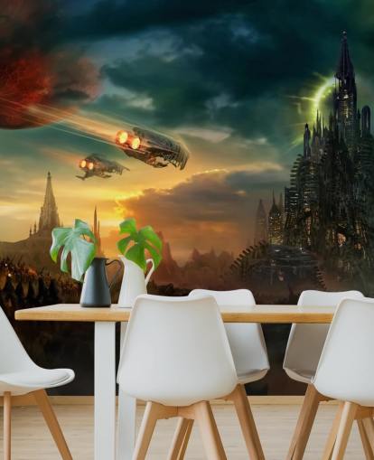 Fondo de pantalla de Castillo de fantasía con naves espaciales