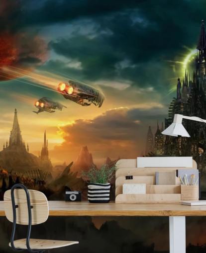 Fantasy-Schloss mit Raumschiffen Wallpaper