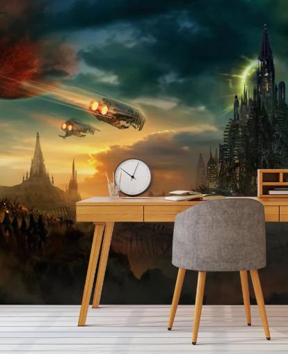 Fondo de pantalla de Castillo de fantasía con naves espaciales