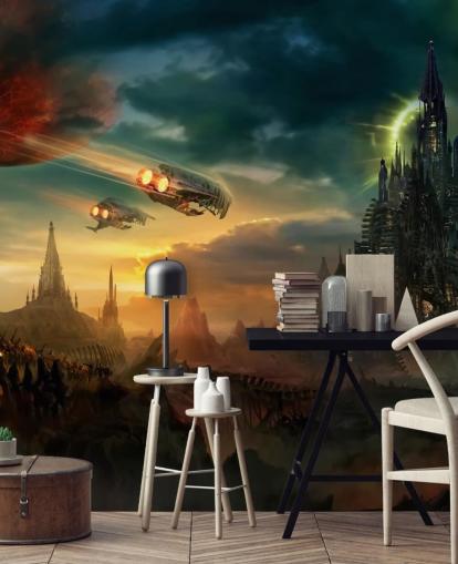 Fantasy Castle with Spaceships Wallpaper
