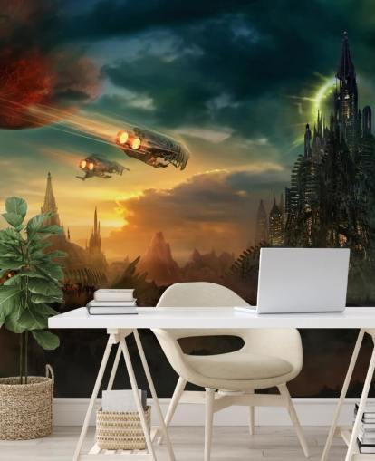 Fondo de pantalla de Castillo de fantasía con naves espaciales