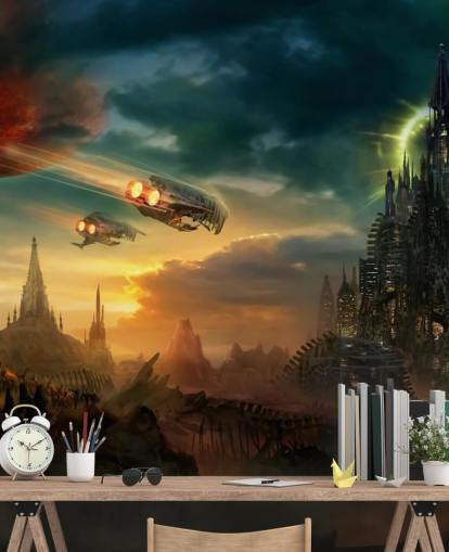 Fantasy Castle with Spaceships Wallpaper