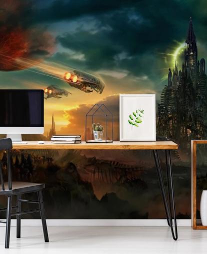 Fantasy Castle with Spaceships Wallpaper Fantasy Castle with Spaceships Wallpaper