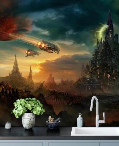 Fantasy Castle with Spaceships Wallpaper Fantasy Castle with Spaceships Wallpaper