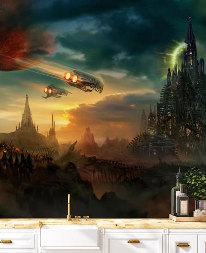 Fantasy Castle with Spaceships Wallpaper