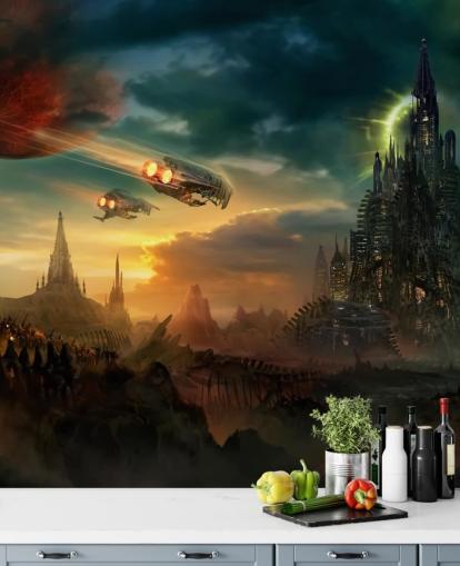 Fantasy Castle with Spaceships Wallpaper