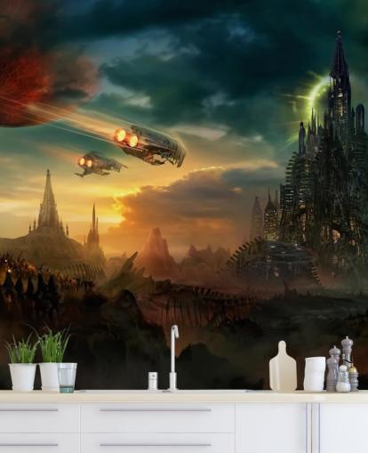 Fondo de pantalla de Castillo de fantasía con naves espaciales Fondo de pantalla de Castillo de fantasía con naves espaciales