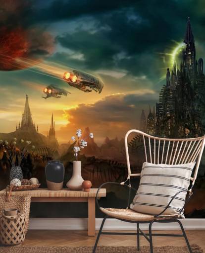 Fantasy Castle with Spaceships Wallpaper