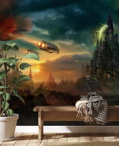 Fantasy Castle with Spaceships Wallpaper