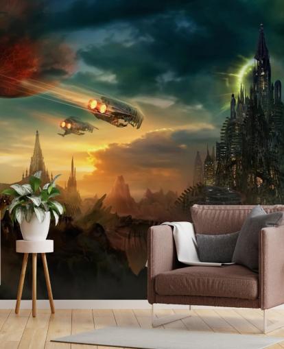 Fantasy Castle met ruimteschepen Behang Fantasy Castle met ruimteschepen Behang