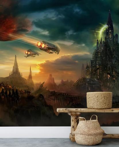 Fondo de pantalla de Castillo de fantasía con naves espaciales