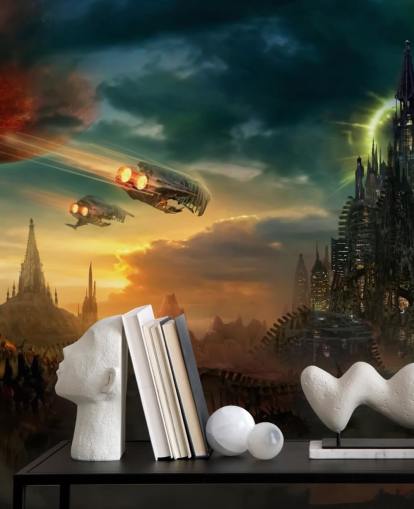 Fantasy-Schloss mit Raumschiffen Wallpaper