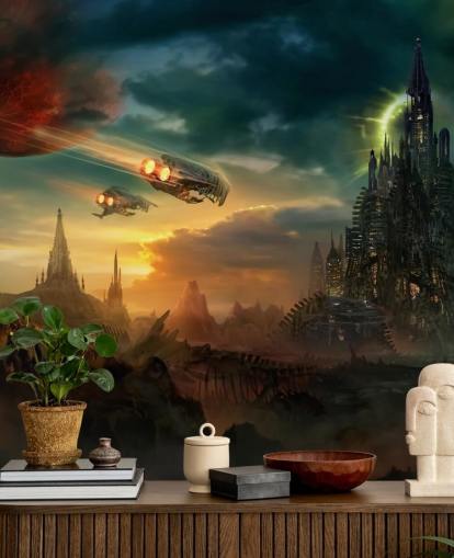Fantasy Castle with Spaceships Wallpaper