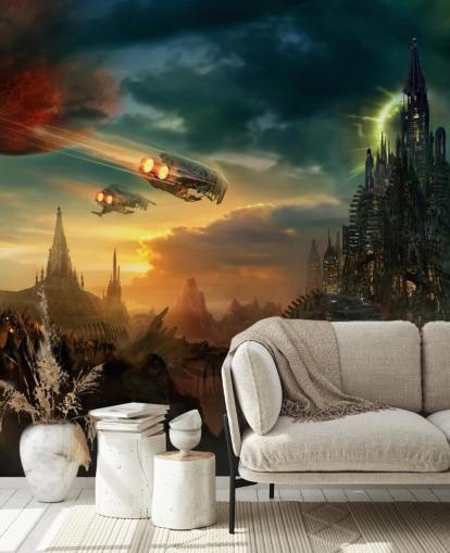 Fantasy Castle with Spaceships Wallpaper