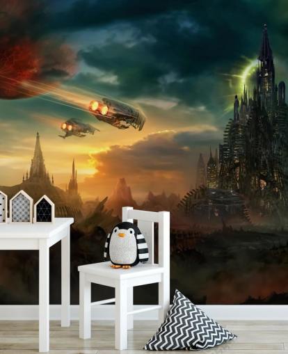 Castelo de fantasia com naves espaciais papel de parede