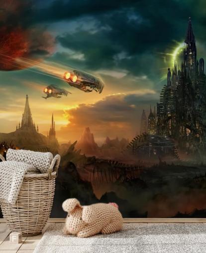 Fantasy Castle with Spaceships Wallpaper