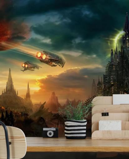 Carta da Parati Fantasy Castle con astronavi